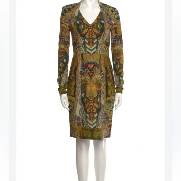 Etro Wool Blend Multicolor Print Long Sleeve V Neck Bodycon Knee Length Dress 6 - Picture 1 of 9